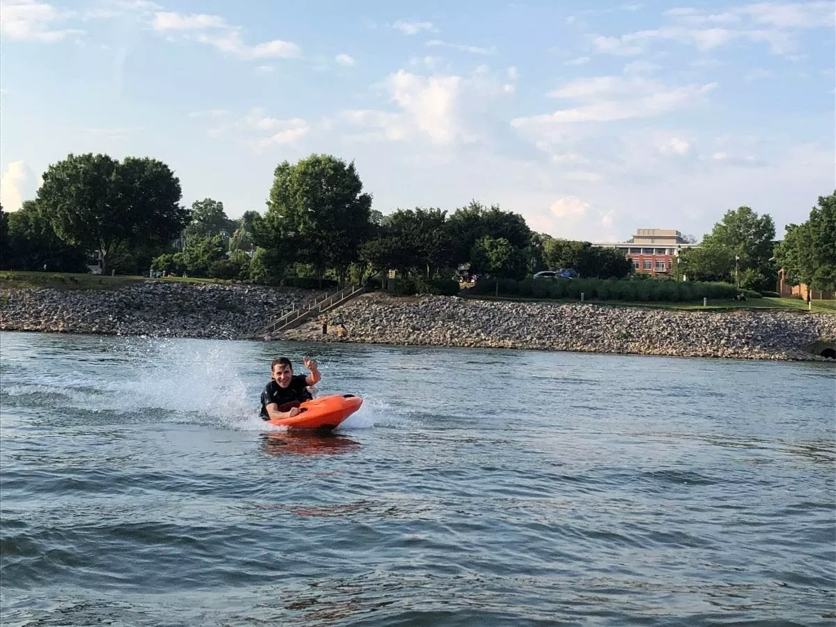 Adventure Sports Innovation watercraft in action- Kymera E-Jet Bodyboard on TN riverfront In Downtown Chattanooga